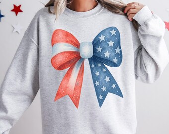 Preppy Patriotic Bow PNG, Coquette Watercolor 4th of July Design, Girly USA Stars and Stripes Shirt Sublimation, Trendy Red White Blue PNG
