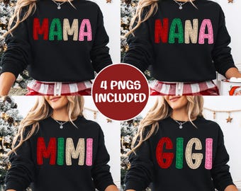 Conjunto navideño de bordado falso, conjunto PNG de mamá, abuela, abuela y abuela, camisetas navideñas familiares a juego, aspecto de puntada de chenilla, PNG de mamá y abuela navideña