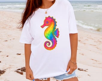 Neon Glitter Rainbow Seahorse PNG, Summer Sublimation Shirt Design, Beach Life PNG, Preppy Trending Summer Vibes, Salt Life Aesthetic