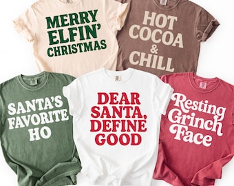 Paquete PNG navideño, PNG con frases divertidas navideñas, Feliz Navidad de duendes, Chocolate caliente y frío, Querido Papá Noel: define lo bueno, Sublimación de Papá Noel