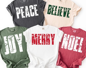 Paquete PNG de palabras navideñas, imágenes PNG de Feliz Alegría, Paz, Noel y Creencia, diseños de camisetas navideñas retro desgastadas, conjunto de sublimación navideña