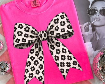 Coquette Black White Leopard Bow PNG, Floral Bow Shirt PNG, Coquette Aesthetic PNG, Trendy Coquette Bow Sublimation Png, Preppy Bow Png