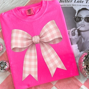 Coquette Pink Gingham Bow PNG, Checkered Bow Shirt PNG, Coquette Aesthetic PNG, Trendy Coquette Bow Sublimation Png, Preppy Bow Png