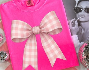 Coquette Pink Gingham Bow PNG, Checkered Bow Shirt PNG, Coquette Aesthetic PNG, Trendy Coquette Bow Sublimation Png, Preppy Bow Png