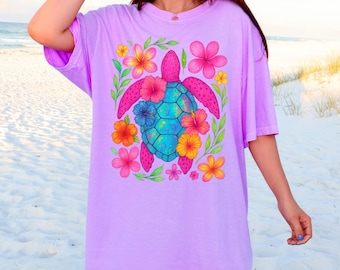 Summer Tropical Turtle PNG, Floral Beach Shirt Design, Sublimation Design, Trendy Vacation Aesthetic, Beach Life PNG, Neon Summer Vibes Png
