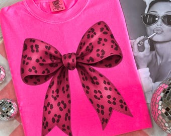 Coquette Hot Pink Bow PNG, Leopard Print Bow Shirt PNG, Coquette Aesthetic PNG, Trendy Coquette Bow Sublimation Png, Preppy Bow Png