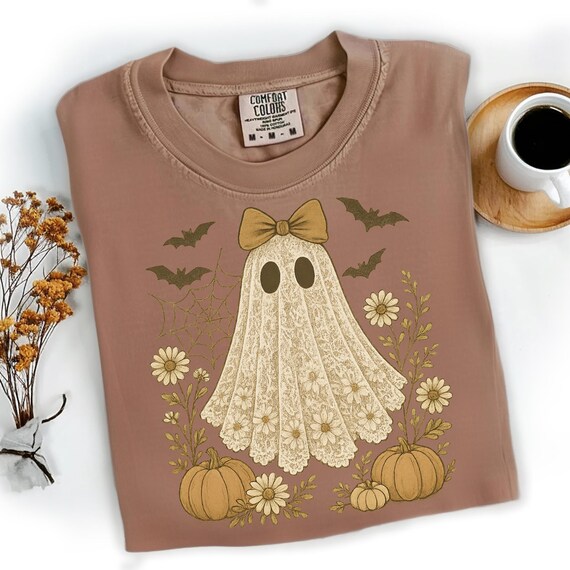 Cute Lace Ghost PNG with Pumpkins and Florals, Retro Fall Girl Shirt Design, Coquette Halloween Sublimation Design, Trendy Autumn PNG