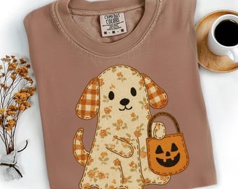 Patchwork Puppy Ghost PNG, Floral Dog Halloween Design, Faux Embroidery Trick or Treat Dog PNG, Cozy Fall Ghost Sublimation, Dog Mom PNG