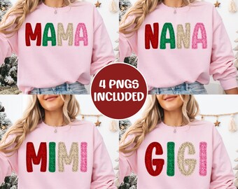 Conjunto navideño de bordado falso, conjunto PNG de mamá, abuela, abuela y abuela, camisetas navideñas familiares a juego, aspecto de puntada de chenilla, PNG de mamá y abuela navideña