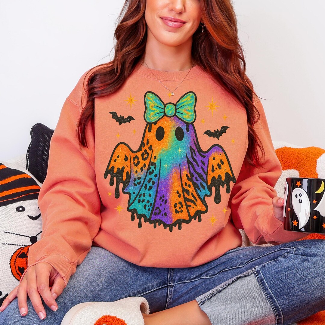 Neon Drippy Leopard Glitter Ghost PNG, Cute Boo Ghost Bow Png, Rainbow ...