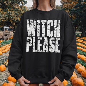 May include: Black sweatshirt with the text "WITCH PLEASE" in distressed white lettering. The sweatshirt is a crew neck style. The background shows a pumpkin patch with pumpkins and trees.