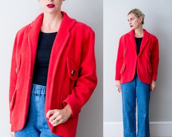 50's coral pink jacket. vintage wool blazer. 1950 large jacket. collar. pockets. m. red.