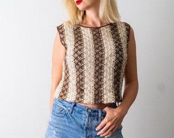 vintage 1960's striped lace shirt. brown and cream top. 60's crop top. sleeveless. m. s.