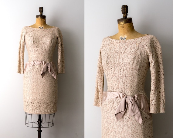 1960's Lace Wiggle Dress. vintage 60 beige dress.… - image 1