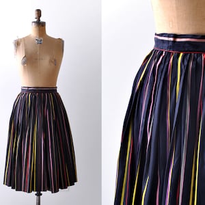 1950 striped pleated skirt. Full skirt. 50s rainbow skirt. Black taffeta. xxs. xs. Pink, red. image 1