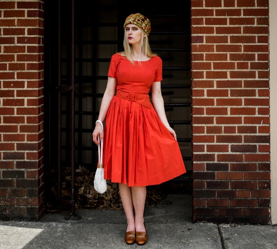 1950's orange dress. xs. 50 Hawaiian dress. brigh… - image 1