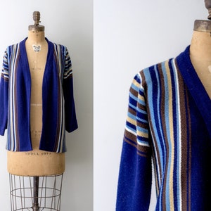 1970 blue striped sweater. vintage 70&#39;s knit cardigan. duster. brown navy white stripes. small.