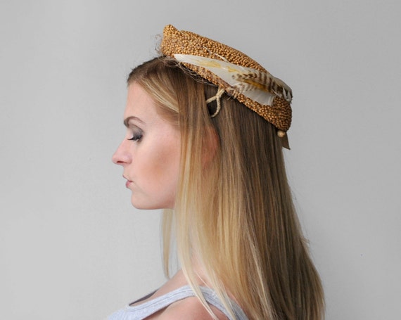 1940's brown beaded hat. feather. 40's flat hat. … - image 4