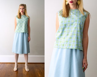 1960's light blue skirt and top set. large. 60s vintage linen set. geometric floral print. cotton. sleeveless blouse.