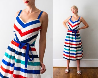 70's striped dress. Vintage 1970's Lanz sundress. blue, white, red. Chevron stripes. small. sleeveless.