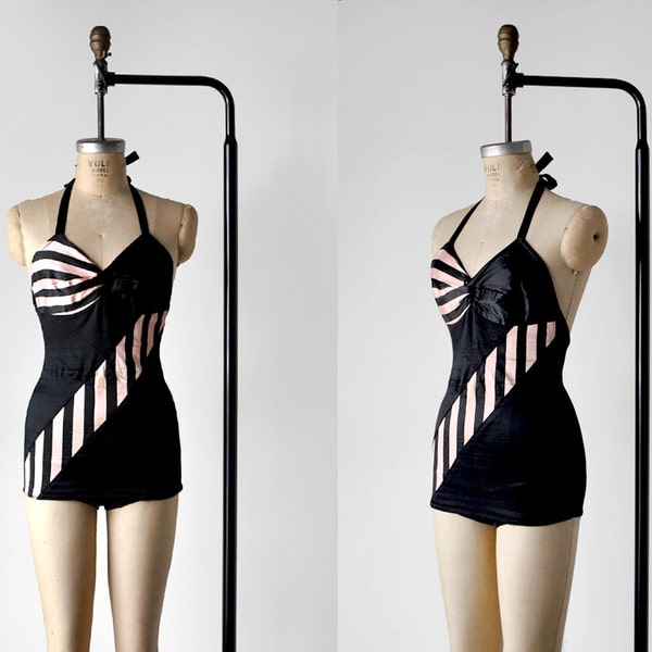 40's bathing suit. 1940 swimsuit. pink & black. striped. halter. 40 50 one-piece. s.