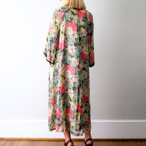 RARE 1930's floral chiffon robe. vintage 30's black and pink print robe. silk chiffon. kimono. flower print. vibrant colors. image 4