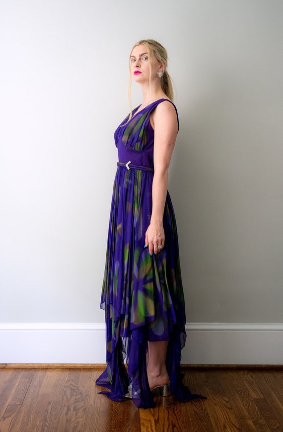 1960's purple chiffon gown. 60's watercolor flora… - image 5