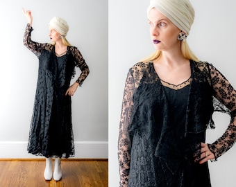 1920's Black Lace Dress. Large. 20's silk dress. polka dot illusion lace. floral. long sleeves. vintage.