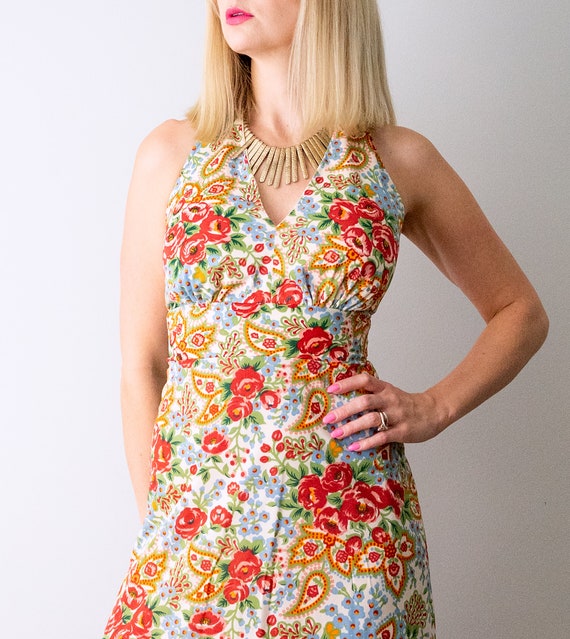 vintage 1970's halter maxi dress. 70 floral print… - image 5