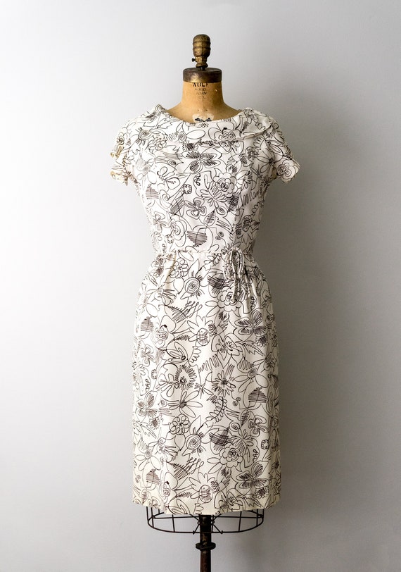 1960's pen and ink print dress. 60 black white sh… - image 3