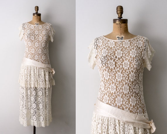 1980's ivory lace dress. vintage 80 floral lace d… - image 1