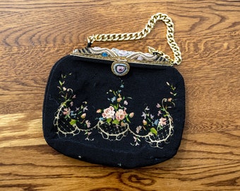 1930's black glass beaded bag. French vintage. 30's floral Tambour embroidered bag. small. pastel flower embroidery. pink, gold, green.