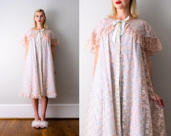 60's blue and pink pastel robe. 1960's vintage lace robe. ruffled collar. bow tie. floral lace. one size.