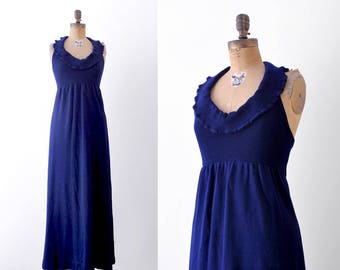 1970 dress. halter maxi. 70's navy blue dress. knit. ruffled. small.
