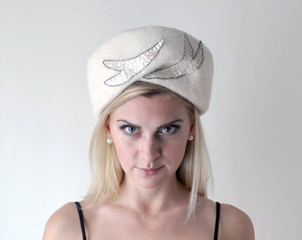 1960 white hat. fur. 60 angora hat. rabbit fur. pillbox. round. winter. 60's sequin hat