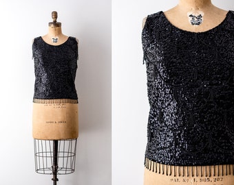 1960’s sequin top. Vintage 60 black beaded blouse. Tassel beads. Wool sleeveless top. m.