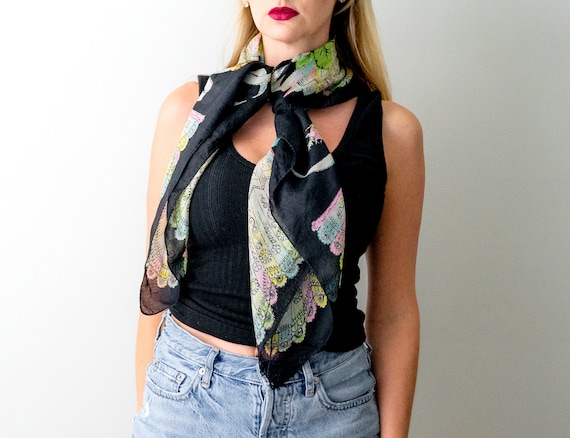 40's black and pastel scarf. vintage 1940 floral … - image 1