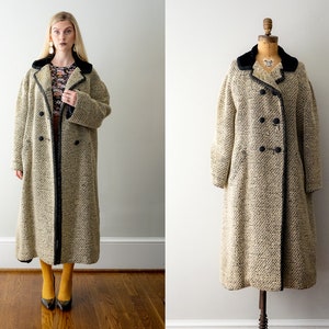 1950's black and cream coat. vintage 50s tweed coat. large. ivory wool boucle tweed overcoat. xl. black & white.