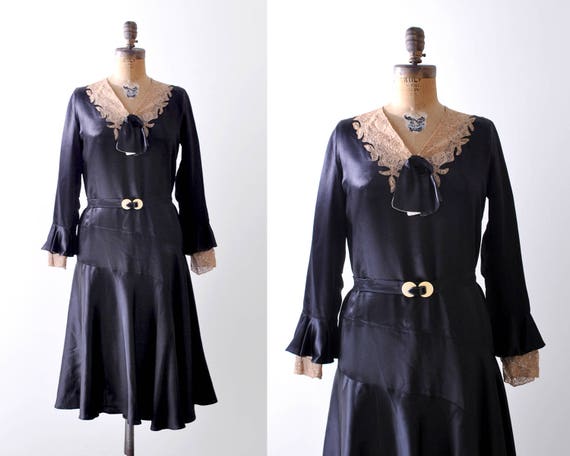 1930's black satin dress. 30 lace dress. liquid sa