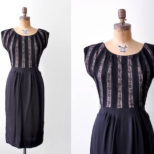 50&#39;s striped illusion dress. lace. 1950 cocktail dress. rayon. m.