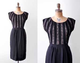50's striped illusion dress. lace. 1950 cocktail dress. rayon. m.