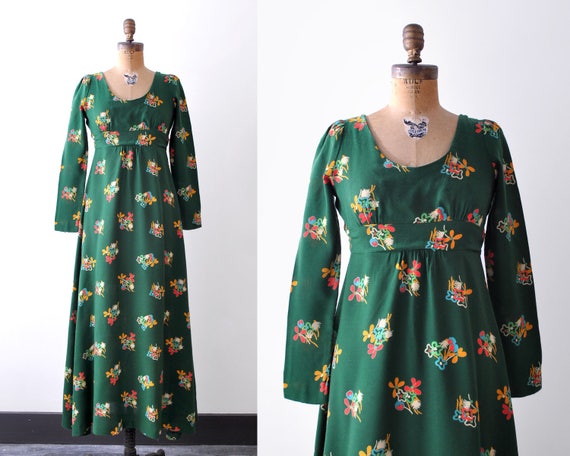 1970 dark green dress. Maxi. Colorful floral prin… - image 1