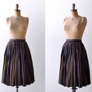 1950 striped pleated skirt. Full skirt. 50s rainbow skirt. Black taffeta. xxs. xs. Pink, red. image 2