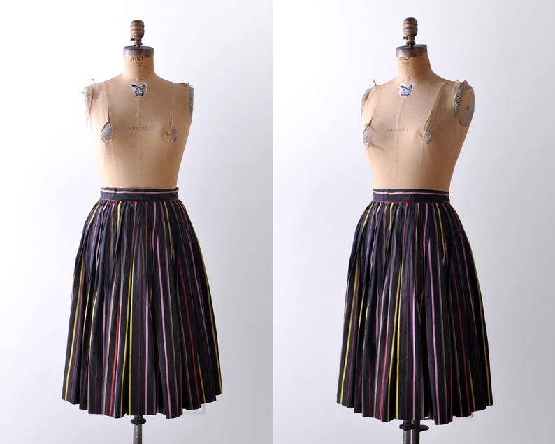 1950 striped pleated skirt. Full skirt. 50s rainbow skirt. Black taffeta. xxs. xs. Pink, red. image 2