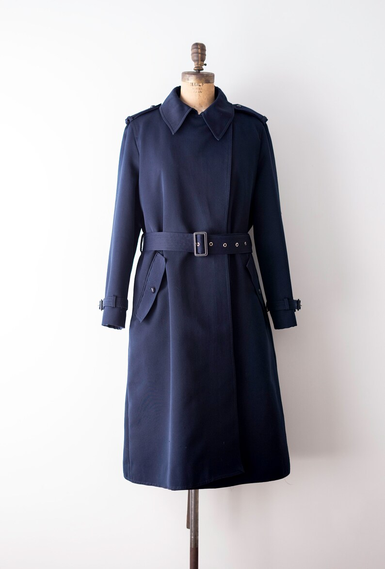 Belt Military style Rain coat polyester 1970 trench coat XL Vintage 70\u2019s navy blue coat
