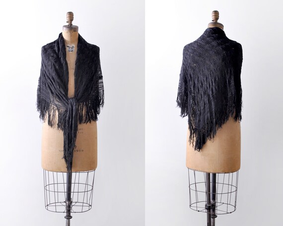 Black vintage shawl. Tassel fringe edge. Silk Pia… - image 1