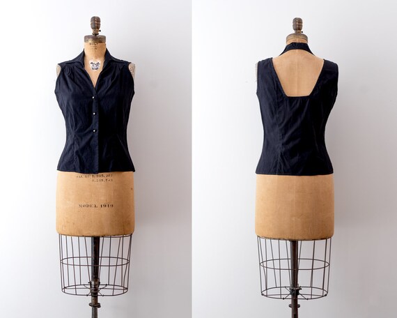 50’s halter top. Vintage 1950 black cotton blouse.