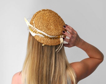 1940&#39;s brown beaded hat. feather. 40&#39;s flat hat. wooden beads. tan. cream. 40 bead hat.