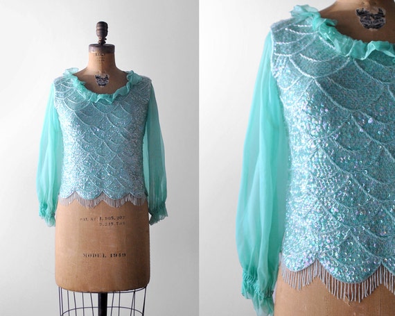 60 sequin top. s. 1960's green blouse. beaded. ch… - image 3