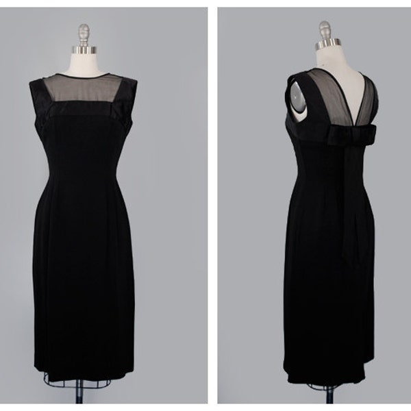 Reserved: VINTAGE 60's black cocktail dress. 1960's black dress. evening wiggle. rayon. square neck. satin. bow back. sheer.